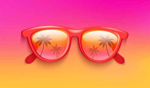 Sunglasses with tropical palms in lens reflection, retro style. Gradient background with summer glasses. Hot season symbol. Design for fashion, web, flyers, posters, advertise. Vector illustration.