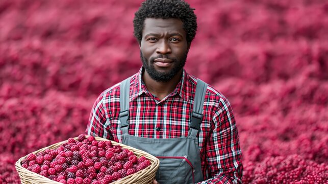 Adult man holding basket of raspberries in berry field outdoors