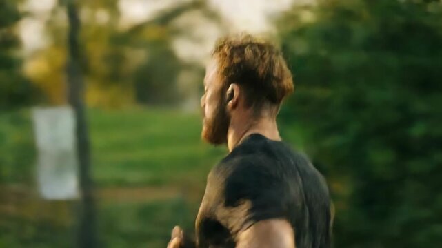 Man running in a park during a daily workout. Natural light and active movement highlight fitness, cardio training, healthy lifestyle, motivation, and outdoor sport concepts.