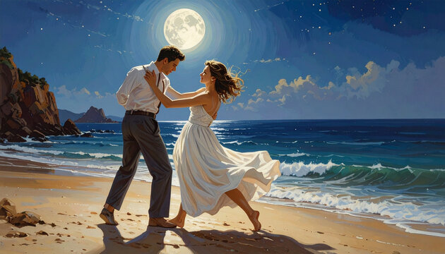 Couple dancing on beach under full moonlight romantic evening