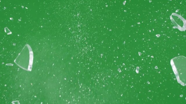 Dynamic visual effect of shattered glass fragments scattering and flying across a vibrant green screen background, ideal for compositing and motion graphics overlays