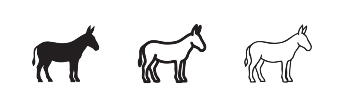 Donkey icon set. Farm animal, mule, or ass symbol in solid, bold outline and thin outline styles. Livestock pictogram.