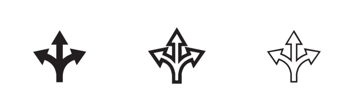 Three-Way Split Arrow Icons Representing Directions and Decision Making