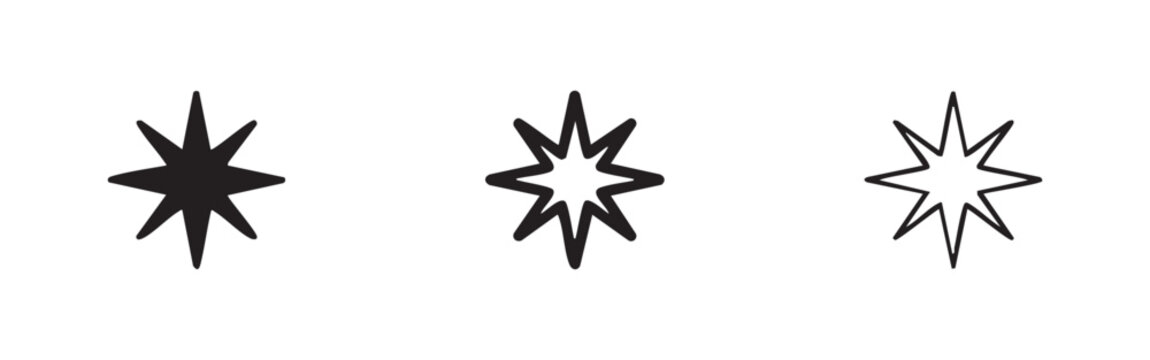 Collection of Eight-Pointed Star Icons Representing Sparkle and Celestial Spark