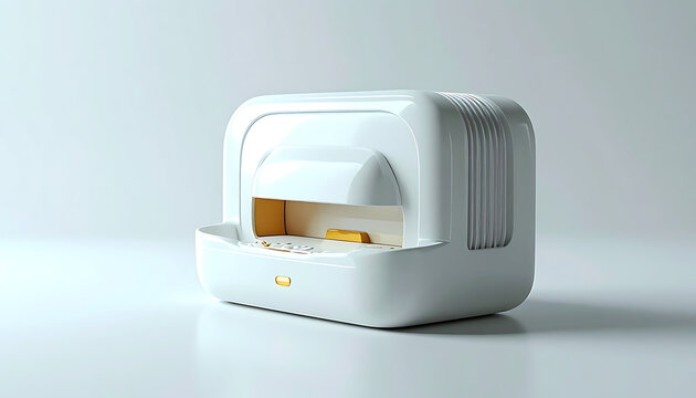Modern white miniature 3d printer on a reflective surface with soft lighting, industrial design, compact technology for hobbyists or prototyping