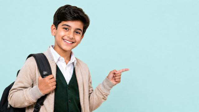 Cheerful schoolboy with backpack pointing at empty copy space on blue studio background, student portrait for school advertising, learning and education promotion theme.