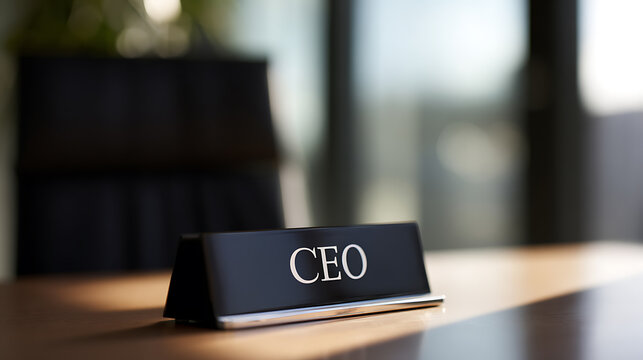 Professional CEO Desk Nameplate on Wooden Table in Modern Office Environment, Corporate Leadership Role, Business Success Concept
