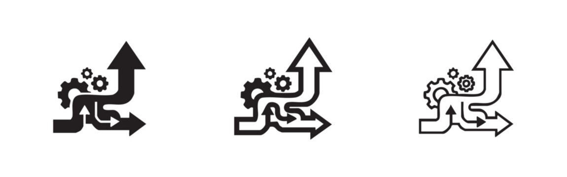 Complex business strategy process with gears and arrows icon set