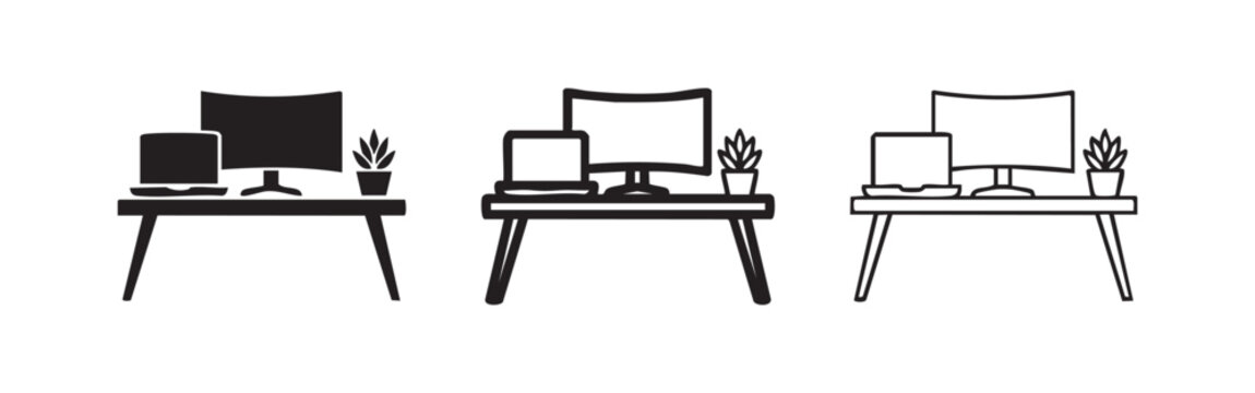 Home office desk setup icon, computer, tablet and plant on a workspace