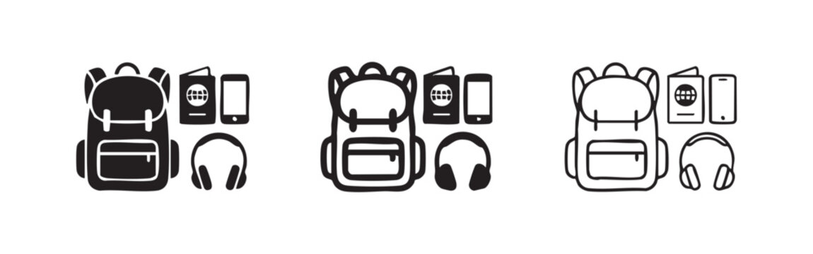 Travel essentials icon set, backpack, passport, phone and headphones for journey