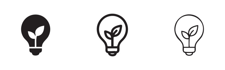 Eco lightbulb icon set, green energy and environmental sustainability symbols in solid, outline, and hand-drawn styles. © liubomir118809