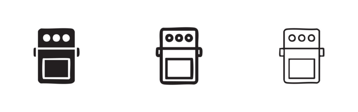 Guitar effects pedal icon set, music effect processor symbols in solid, outline, and hand-drawn styles.