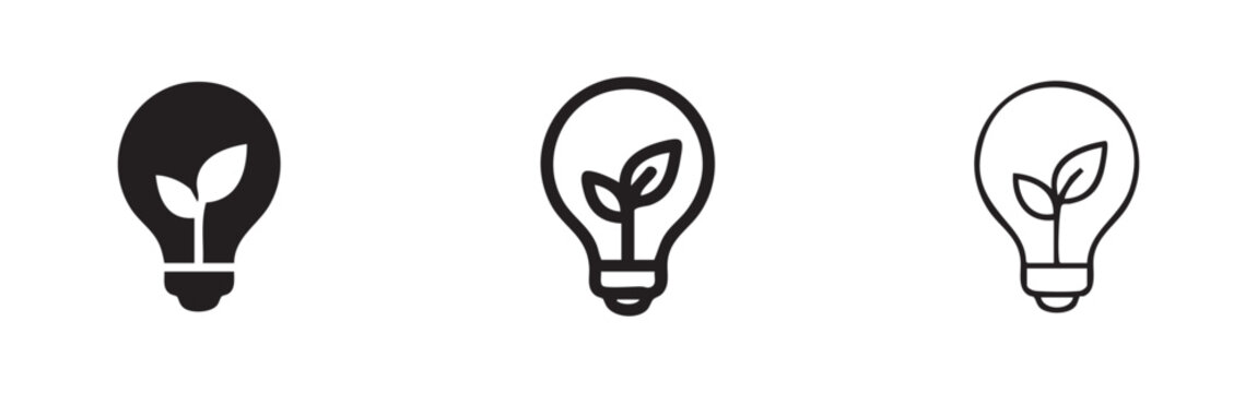 Eco lightbulb icon set, green energy and environmental sustainability symbols in solid, outline, and hand-drawn styles.