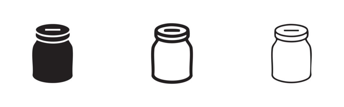 Bottle with lid icons set. Spice jar, pill container or small storage bottle symbol.