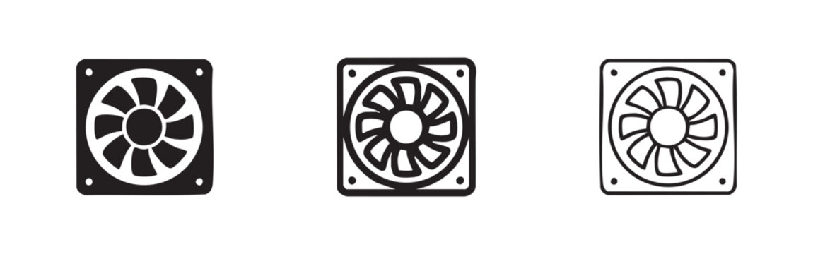 Computer fan icons set. PC cooling system or electronic ventilation symbol.