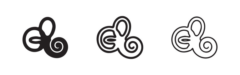 Stylized inner ear or cochlea icon set: solid, bold outline, and thin outline styles. Hearing system. © liubomir118809