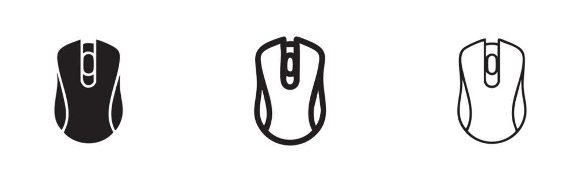 Computer mouse icon set: solid, bold outline, and thin outline styles. PC peripheral technology device.
