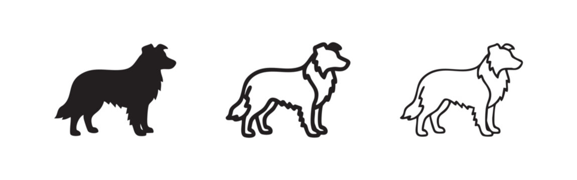 Dog (Collie breed) icon set: solid, bold outline, and thin outline styles. Pet animal symbol.