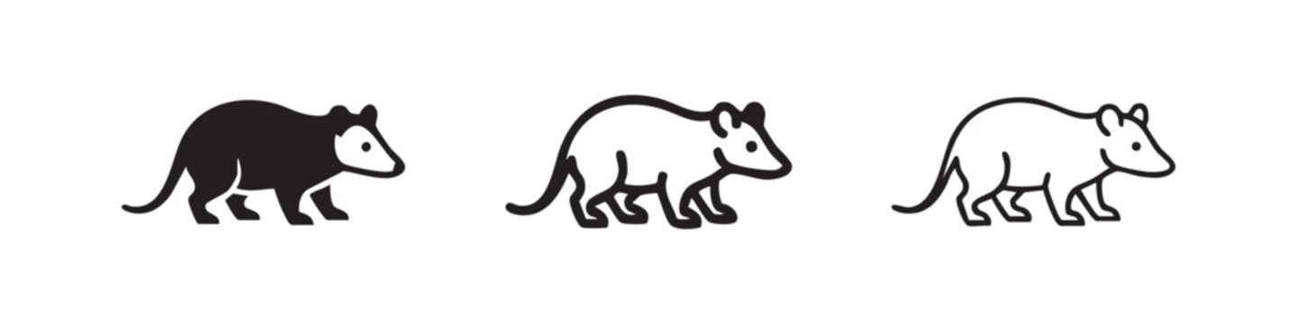 Opossum icons set. Marsupial animal symbol in solid, outline, and linear style.