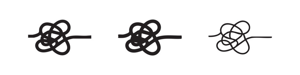 Tangled knot icon set representing complexity or problem in solid, outline, and hand-drawn styles. © liubomir118809