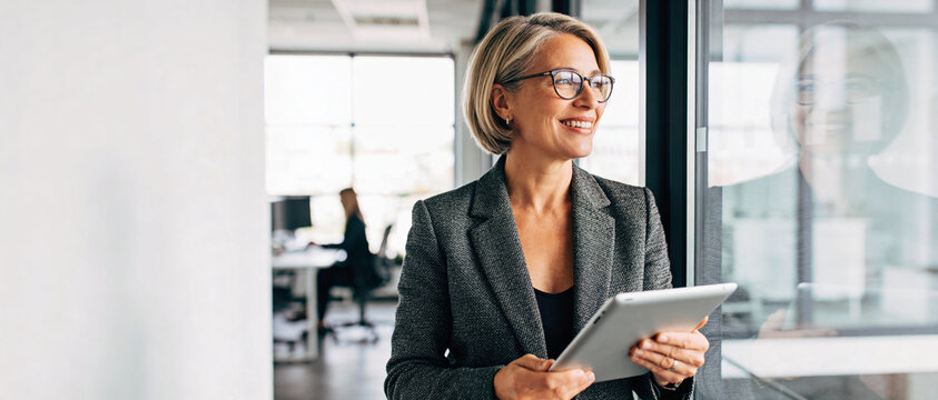 confident businesswoman using tablet in modern office with natural light