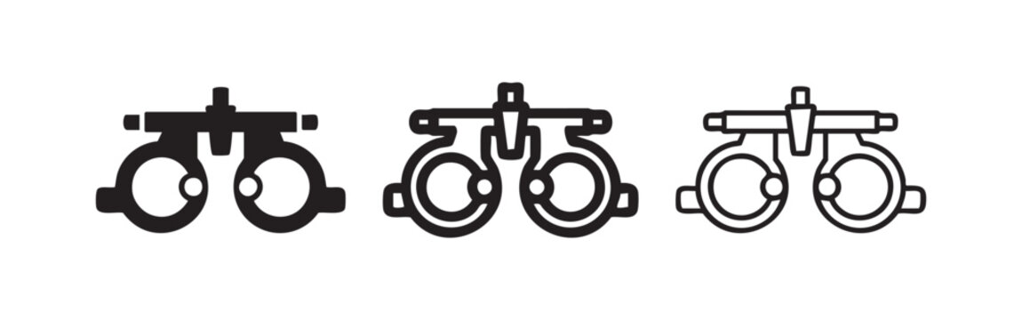 Phoropter eye examination machine icon set for ophthalmology in solid, outline, and hand-drawn styles.
