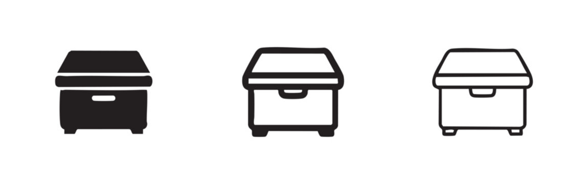Small cabinet or nightstand icon set in solid, outline, and hand-drawn styles, for home furniture.