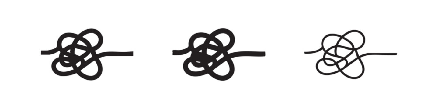 Tangled knot icon set representing complexity or problem in solid, outline, and hand-drawn styles.