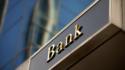 Fototapeta premium Close-up of a prominent gold-lettered sign featuring the word 'Bank', set against a modern blue glass building facade, symbolizing financial institutions