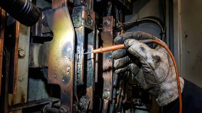 Carbonized switchgear contacts inside industrial power cabinet during electrical maintenance inspection