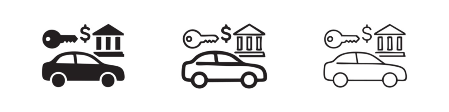 Car Loan and Auto Financing Icon Set: Key, Bank, Money, and Car in Black, Outline, Duo-tone