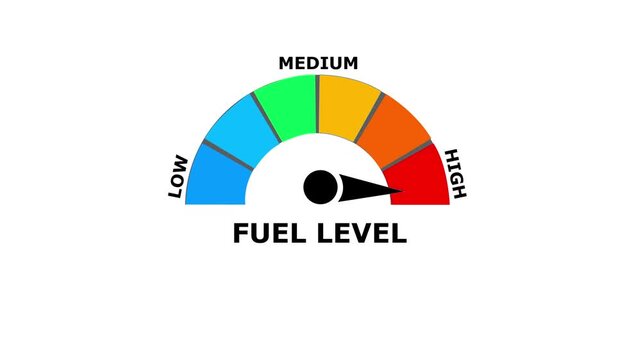 A graphical speedometer gauge showing fuel level at a level with a black needle pointing to the red zone on a white background for technical monitoring and data analysis
