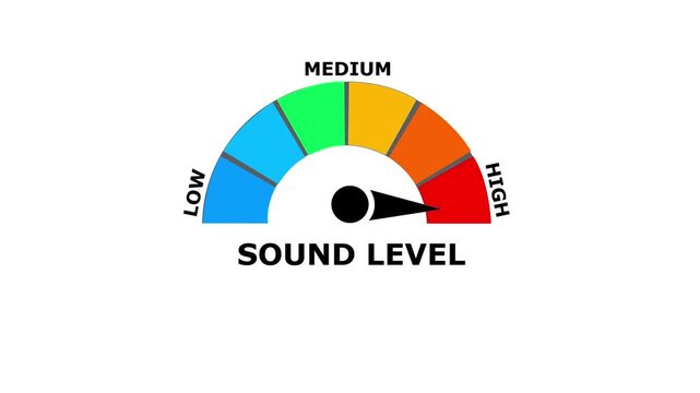 A colorful gauge indicator showing a sound level with a black needle pointing to the red zone on a white background representing audio volume status and noise monitoring