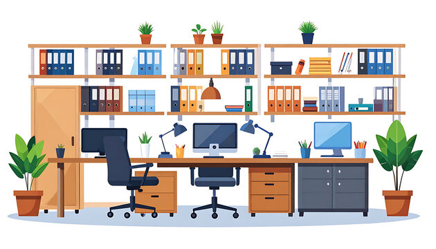 Modern office interior with two workstations, computers, office chairs, plants, and shelving filled with binders and supplies, organized workspace, flat design illustration