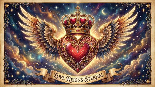 Winged crowned heart emblem with eternal love banner and radiant celestial glow in ornate art.