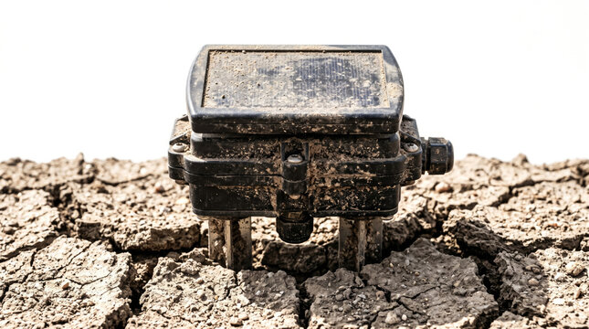 Solar Powered Environmental Sensor Device on Cracked Dry Desert Ground