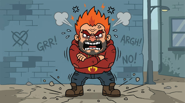 Angry cartoon villain stands in an alley with graffiti walls, ready for confrontation.