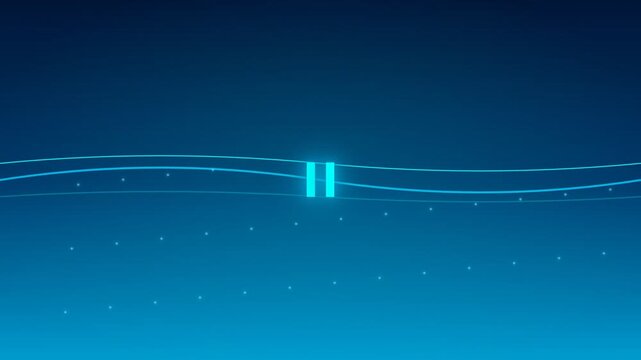 Calm blue play pause button animation featuring horizontal glowing water wave lines and floating sea particles, suitable for meditation apps, music streaming, and tranquil video backgrounds.