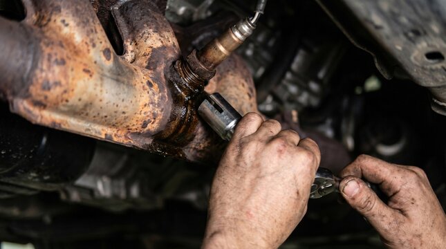 Oxygen Sensor Extraction Tool on Seized Exhaust Component for Automotive Emissions Diagnostics Training