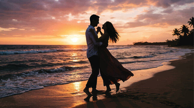 Romantic couple dancing on a sunset beach by the shore at golden hour.