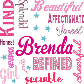 Feminine word cloud sticker with name Brenda and positive adjectives in pink and teal. Elegant typography design for personalized gifts, cards, prints and girl-themed projects.