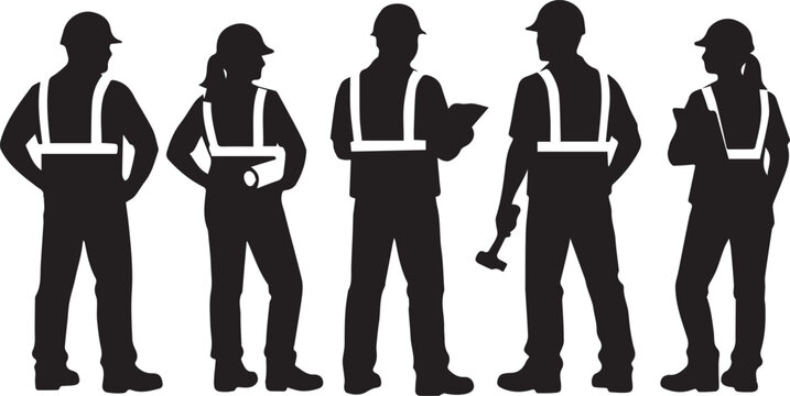 Silhouette of five construction workers in safety vests isolated on transparent background, Vector, illustration