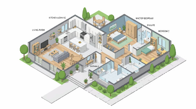 Isometric illustration of a modern residential interior with multiple rooms and furnishings.