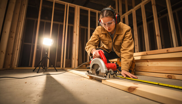 Skilled female carpenter in safety gear using electric circular saw to cut wooden planks on construction site of new residential house building professional joinery and wood work concept