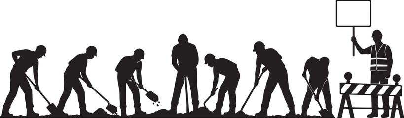 Black silhouette of construction workers digging and roadwork isolated on transparent background, Vector, illustration © Rijvi