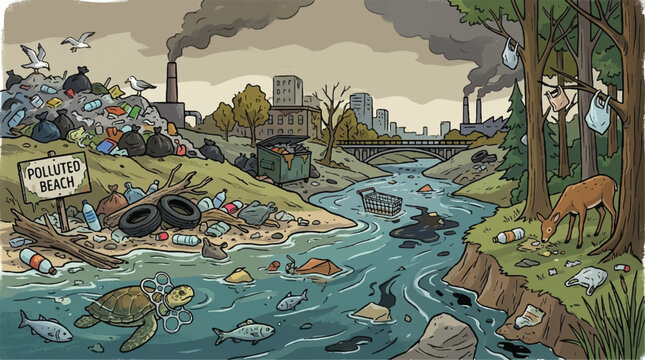Polluted river scene with garbage, industrial smokestacks, and polluted urban waterway.