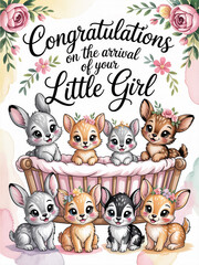 Obraz premium New Baby Girl Congratulations Card with Forest Animals