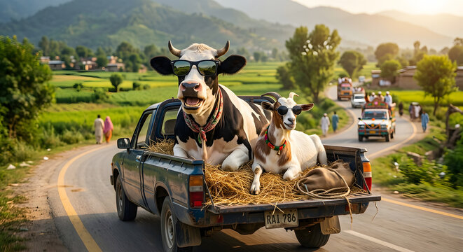 Funny smiling cow and goat wearing sunglasses traveling in the back of a pickup truck, Eid al-Adha cattle transport concept, rural road landscape