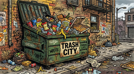 Fototapeta premium Overflowing dumpster in a polluted alley shown as a cartoon illustration of urban neglect and grime.