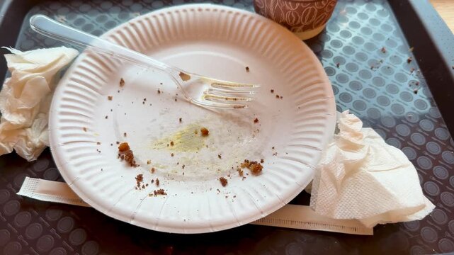 Used cardboard disposable tableware in the form of glasses, plates, forks, napkins after eating on a plastic tray. Public cafeteria. Close-up